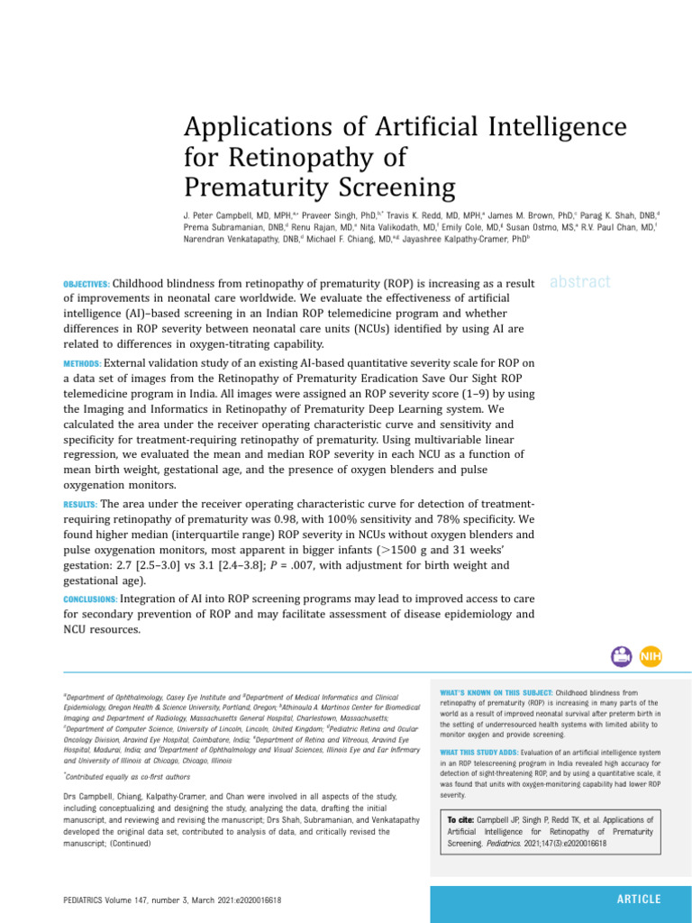 Applications of Artificial Intelligence For Retinopathy of Prematurity ...