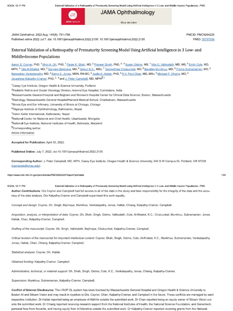 External Validation of A Retinopathy of Prematurity Screening Model | PDF
