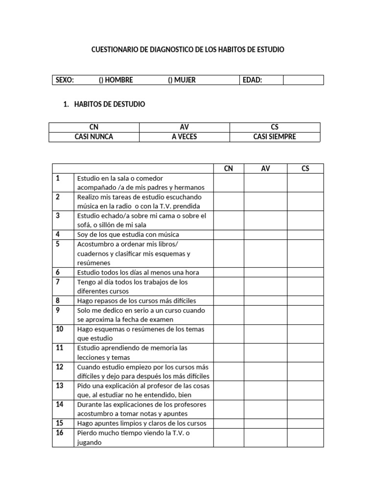 Cuestionario de Diagnostico de Los Habitos de Estudio | PDF