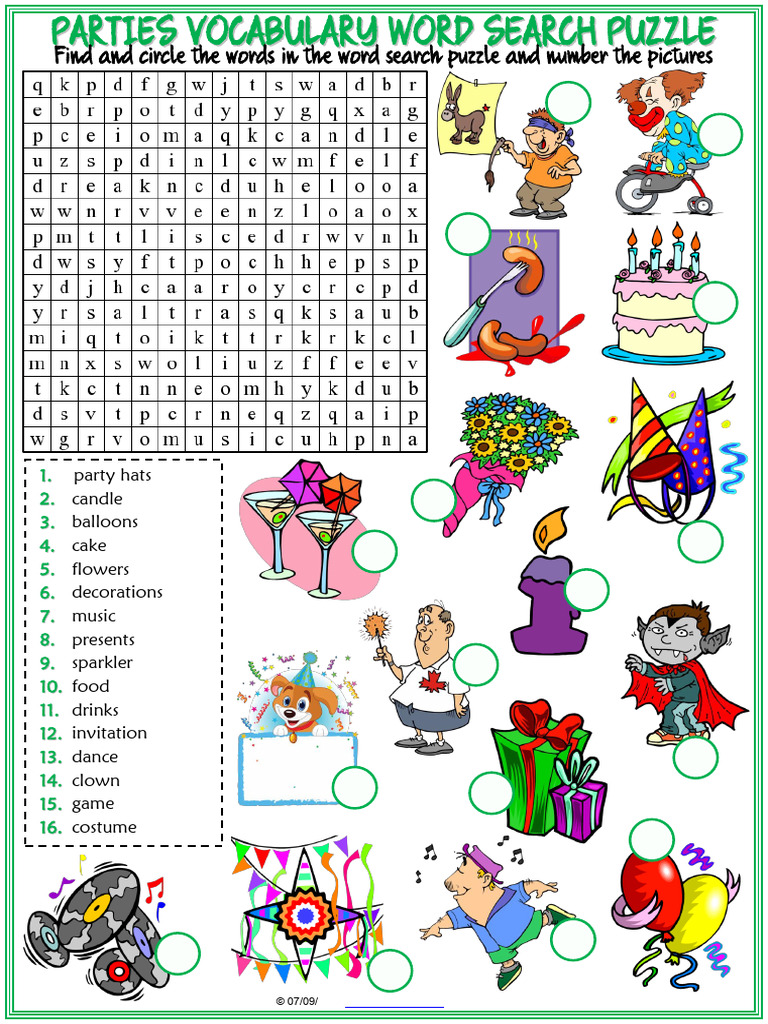 Parties Vocabulary Esl Word Search Puzzle Worksheet For Kids | PDF