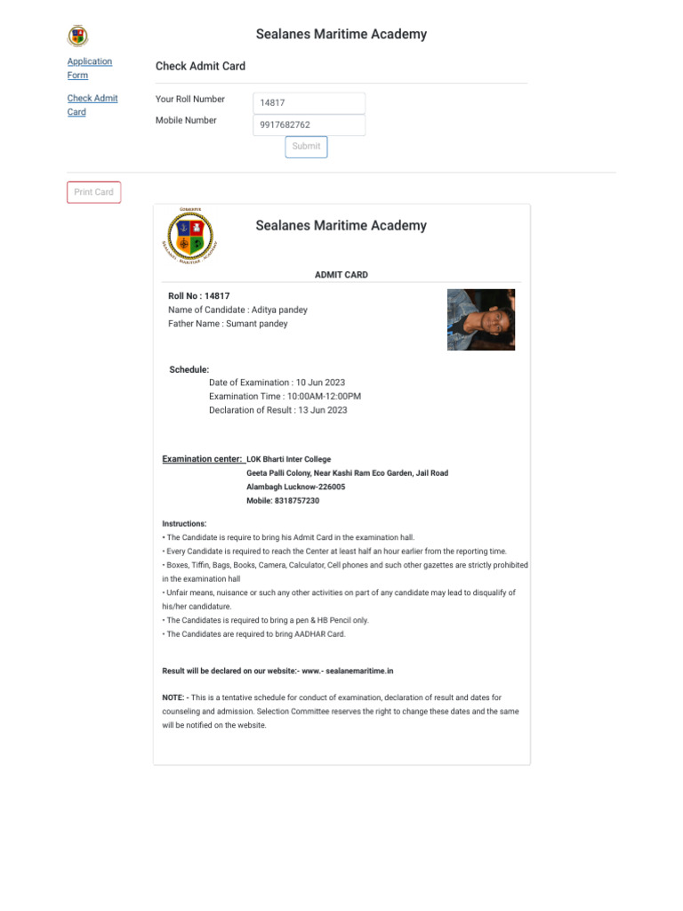 Sealanes Exam Admit Card Info | PDF