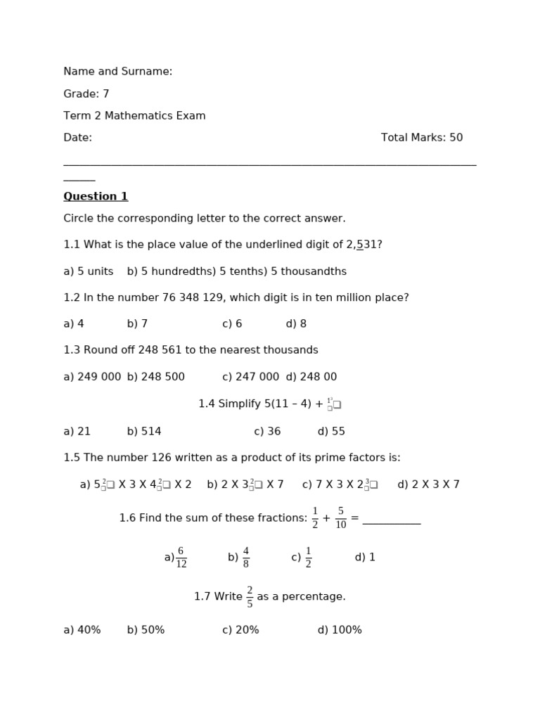 Grade 7 Term 2 Math Exam Questions | PDF | Numbers | Mathematics