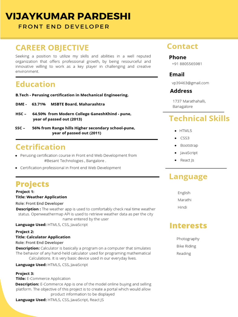 Front End Developer Resume Summary | PDF | Mobile App | Java Script