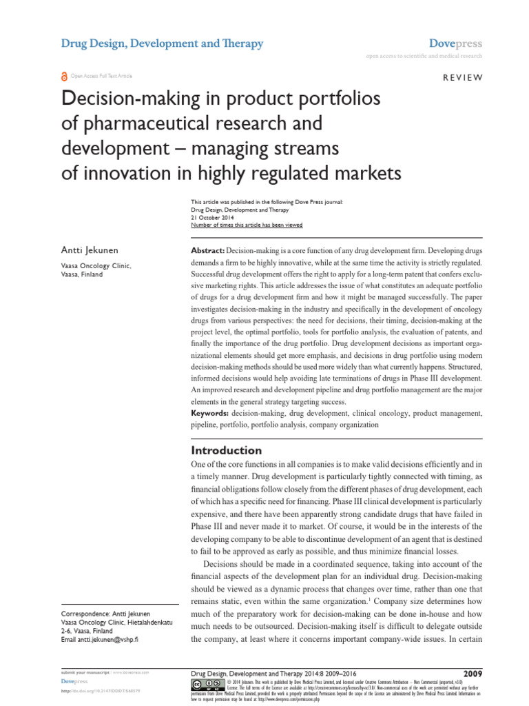 Decision Making In Product Portfolios Of Pharmaceutical Research And