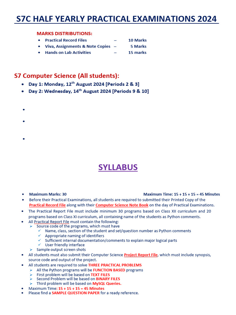 S7 CS Practical Exam Syllabus and Sample Paper | PDF
