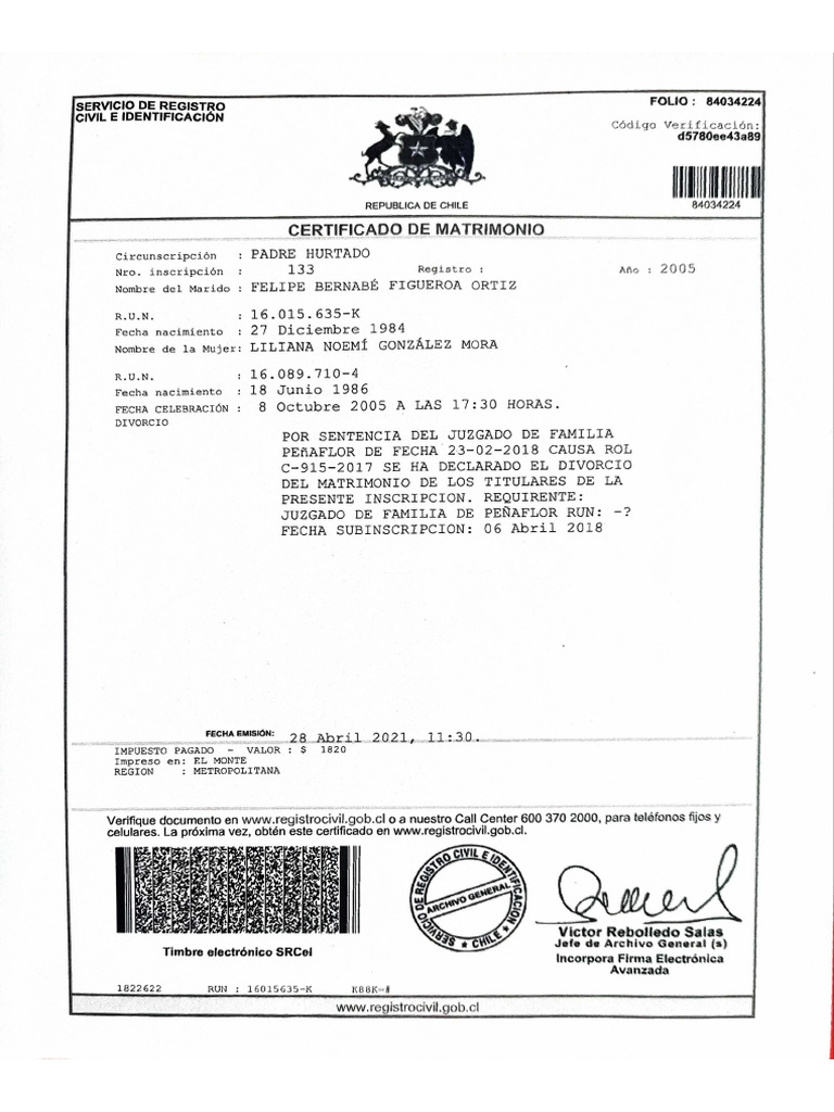Certificado de Divorcio Felipe Figueroa | PDF