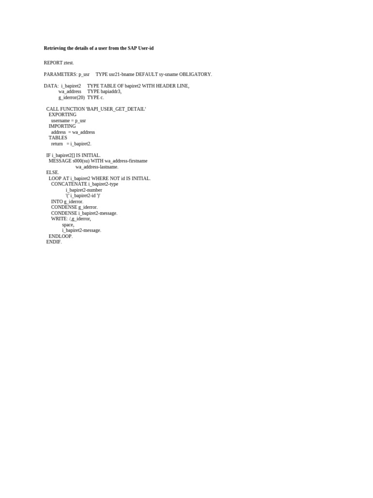 Retrieving the details of a user from the sap user id pdf