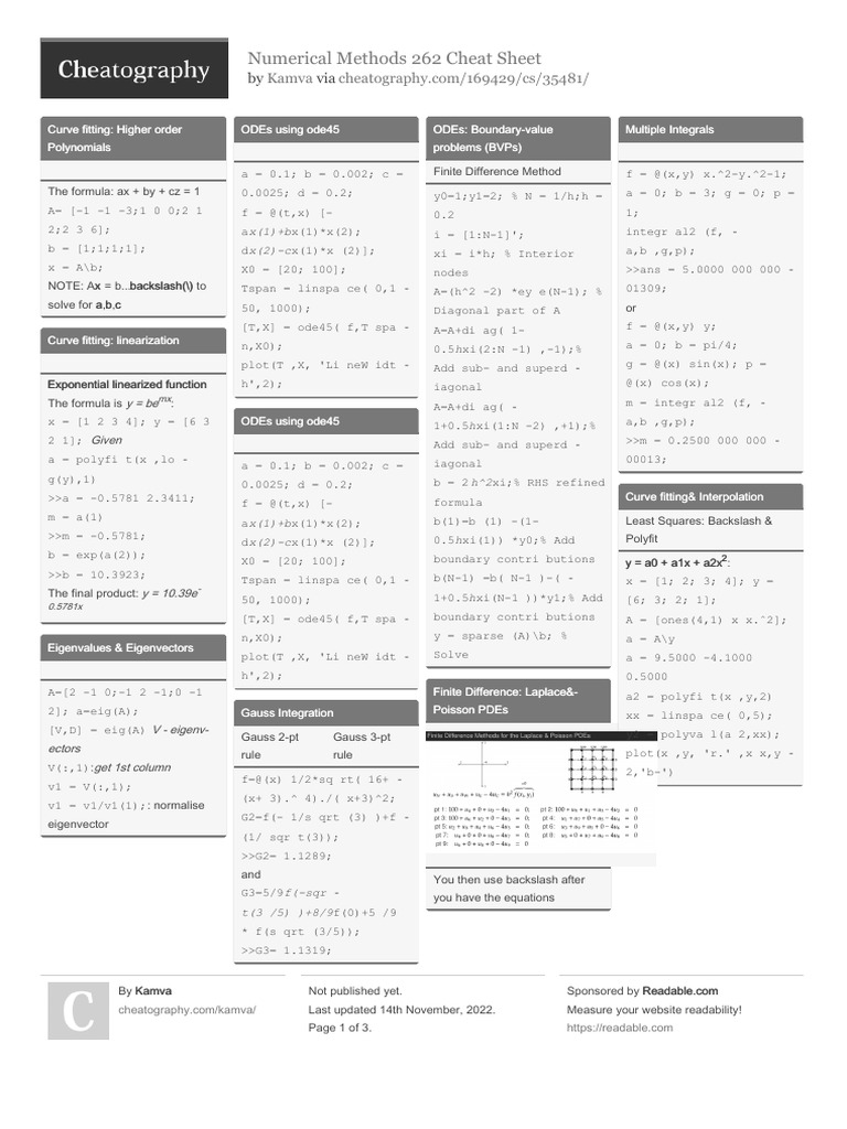 Numerical Methods Cheat Sheet | PDF | Algorithms | Mathematics Of Computing