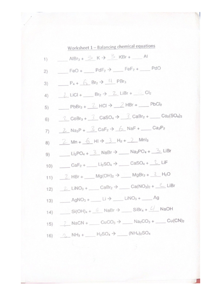 Worksheet 1 - Balancing Chemical Equations | PDF