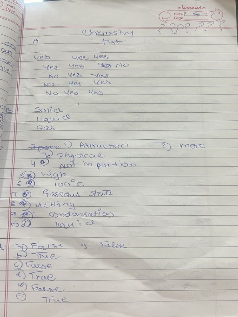 Chemistry matter class test answer sheets pdf
