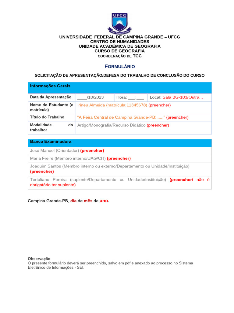 Formulário de Defesa de TCC UFCG | PDF