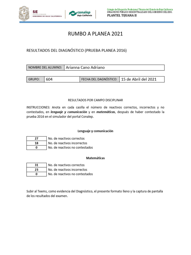 FORMATO PARA DIAGNÓSTICO PLANEA | PDF