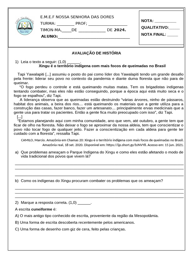 Avaliação de História 5° Ano 3° Bimestre | PDF