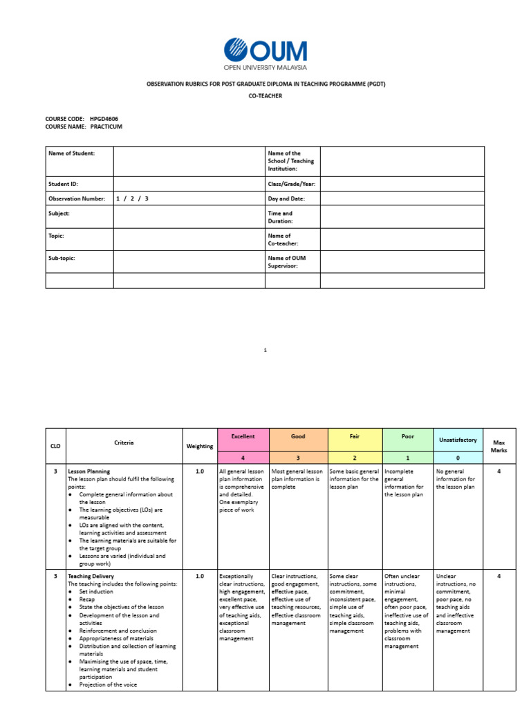 HPGD4606 - Supervision Rubrics - Co Teacher | PDF | Teachers | Lesson Plan