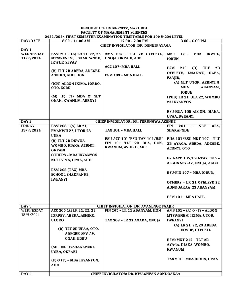 Exam Time Table For 100 and 200 Level-3 | PDF