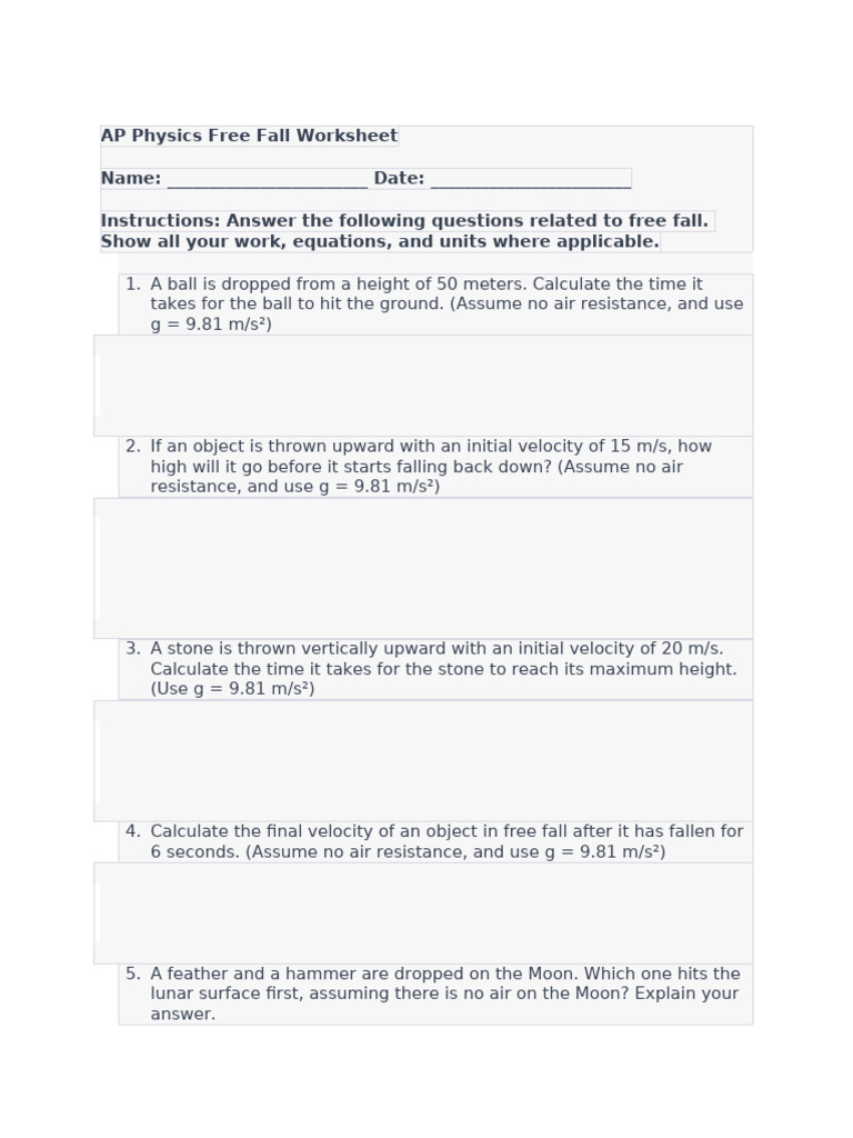 AP Physics Free Fall Worksheet | PDF
