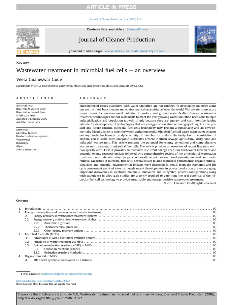 Wastewater Treatment in Microbial Fuel C | PDF