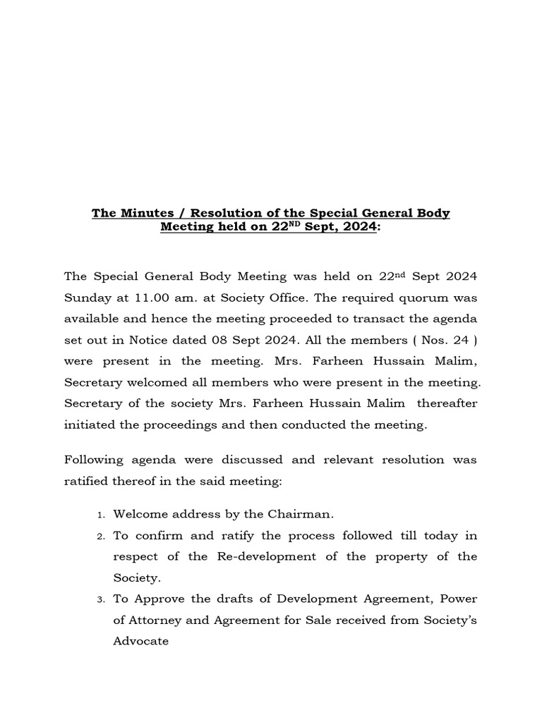 SGM Resolution 22-09-2024 of Approval of DA, POA, AFS | PDF ...