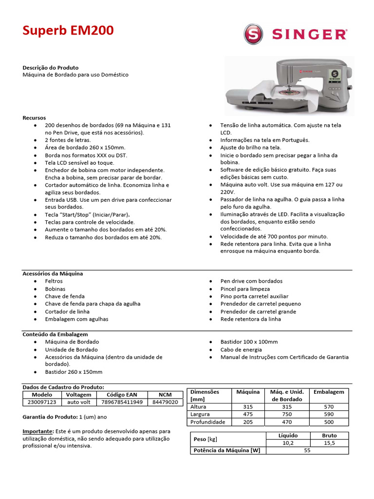 Superb EM200 Ficha Tecnico Comercial 1 | PDF