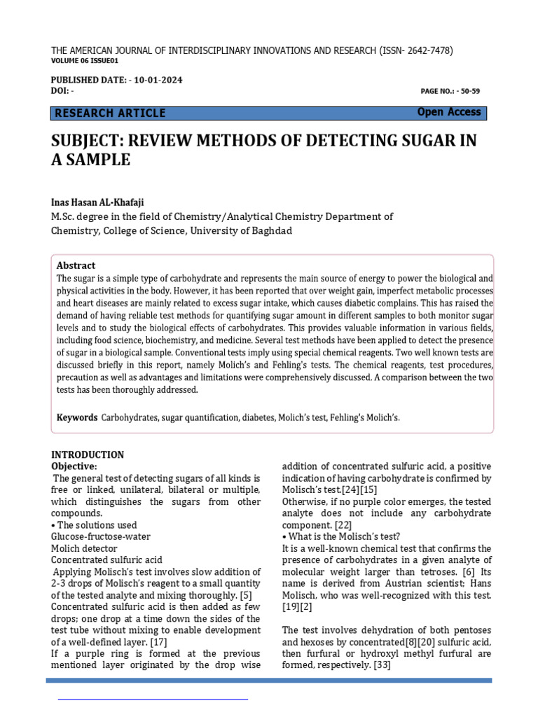 8 50-59 Tajiir (Bagdad) Subject+Review+Methods+of+Detecting+Sugar+In | PDF