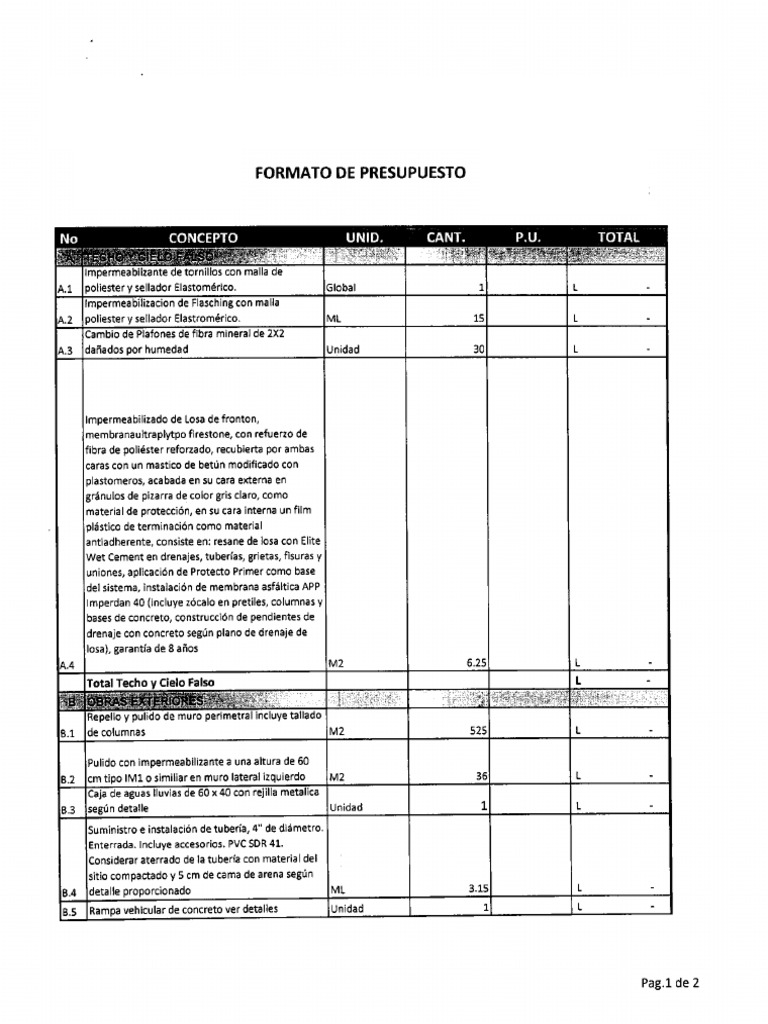 Formato de Presupuesto reparaciones varias en Juzgado de letras y Paz ...