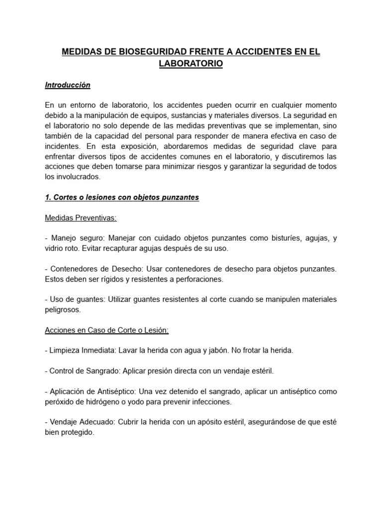 Medidas de Bioseguridad Frente A Accidentes en El Laboratorio | PDF