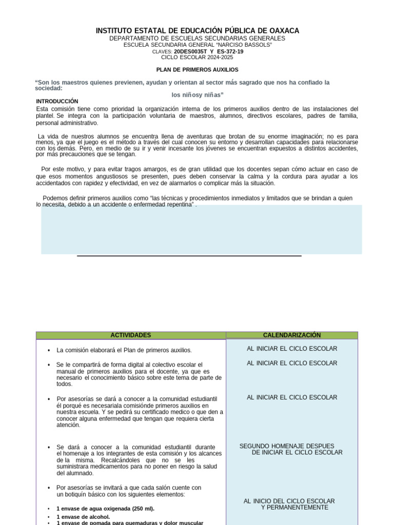 Plan de Primeros Auxilios Escolar 2024-2025 | PDF | Primeros auxilios ...