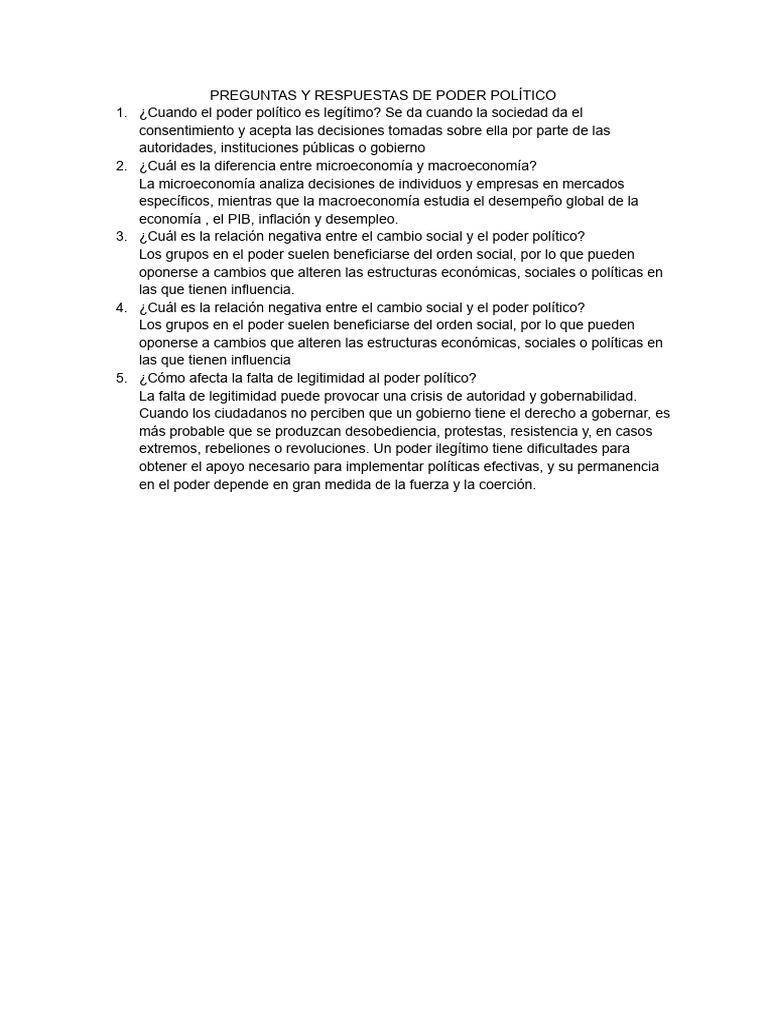 Preguntas y Respuestas de Poder Político | PDF