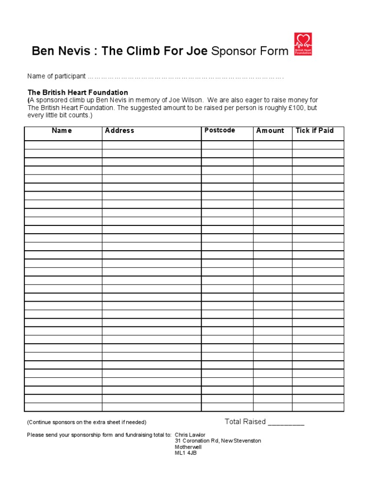 Ben Nevis Climb Sponsorship Form | PDF | Sports & Recreation | Law