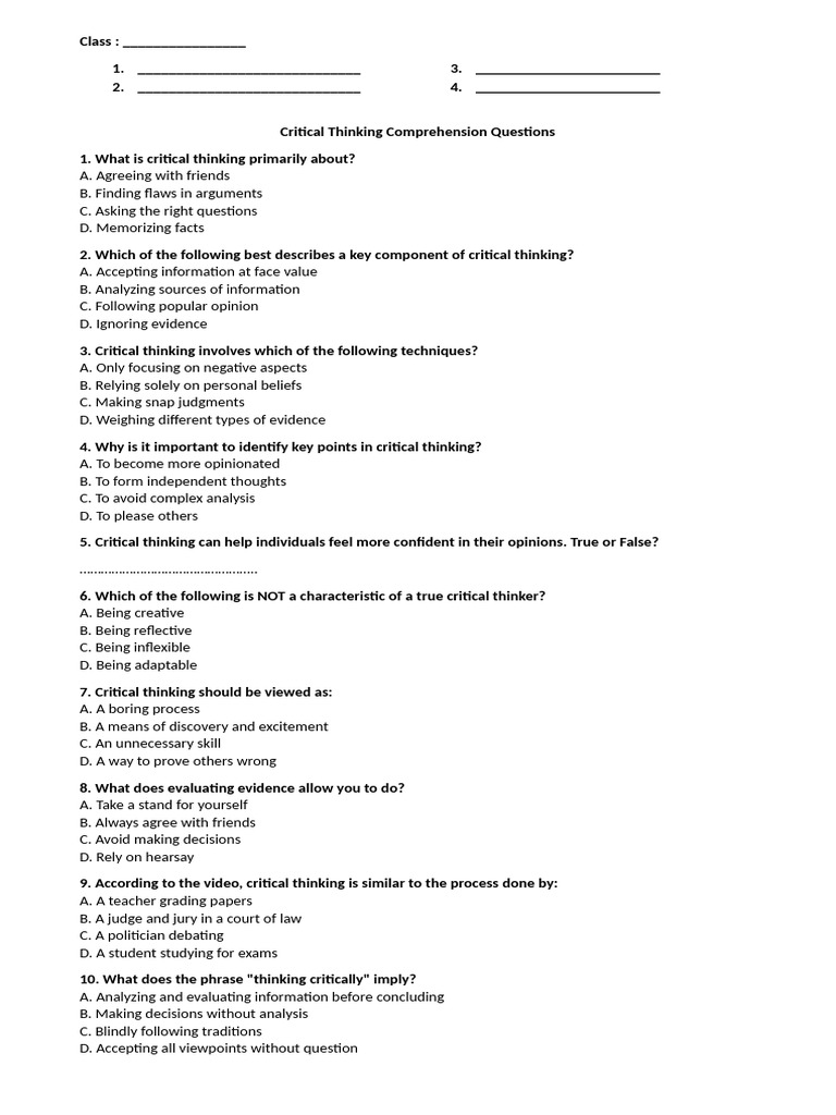Critical Thinking Comprehension Questions | PDF