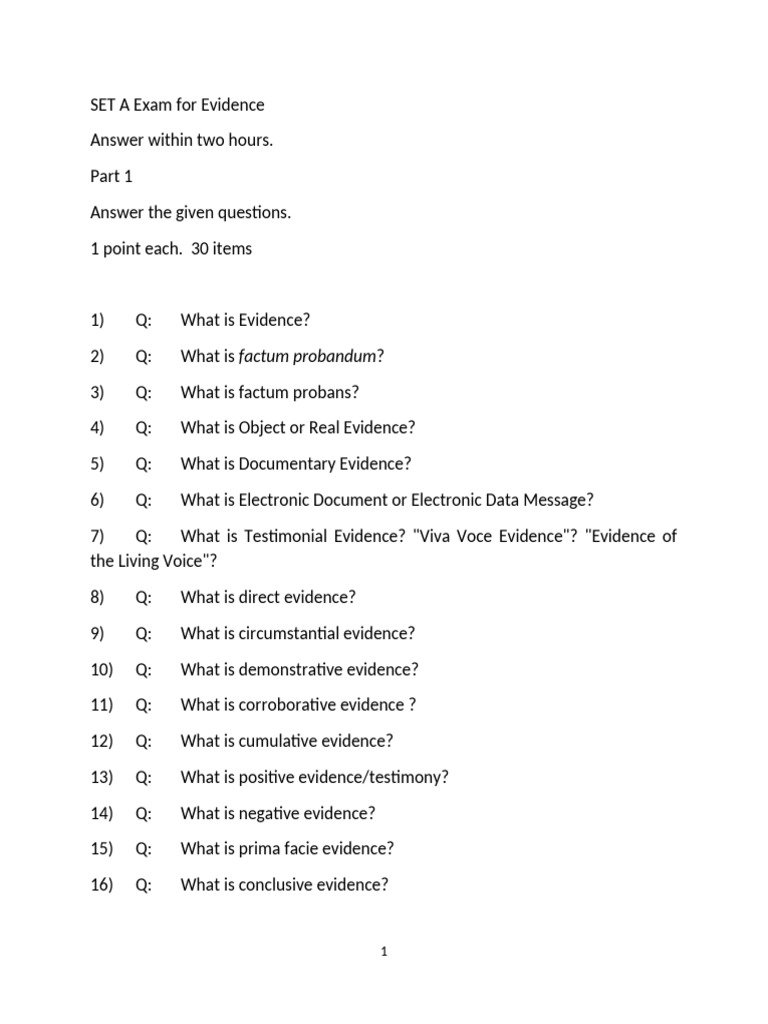 Set A Test Questions Evidence | PDF