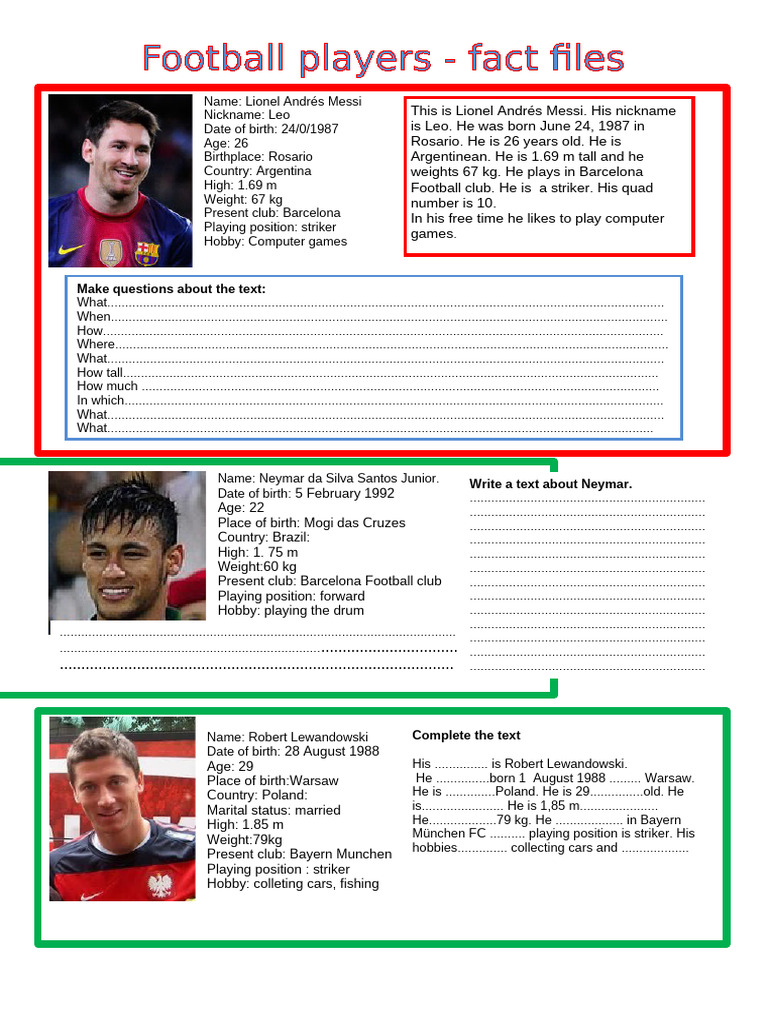 Football Players Fact File Icebreakers Oneonone Activities - 106618 | PDF
