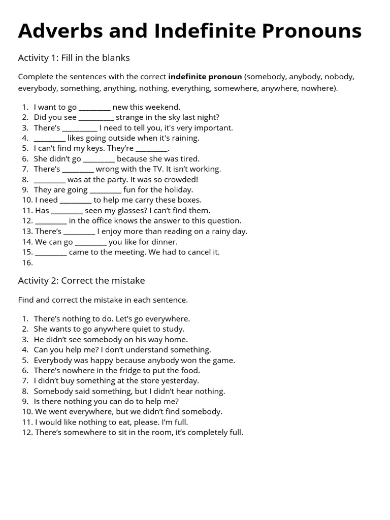 Indefinite Pronouns and Adverbs Exercises | PDF | Cakes