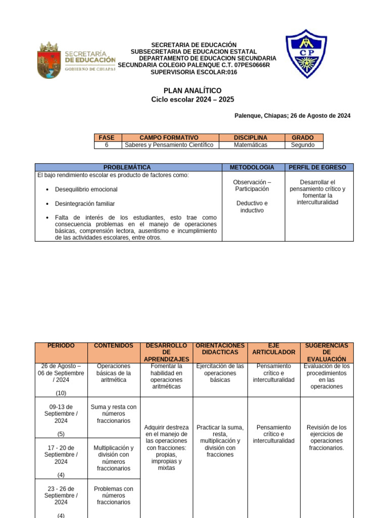 Plan Analitico Segundo Matematicas | PDF