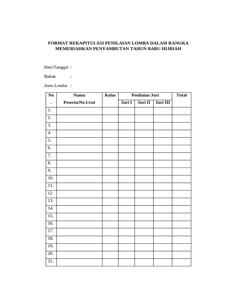 Format Rekapitulasi Penilaian Lomba | PDF