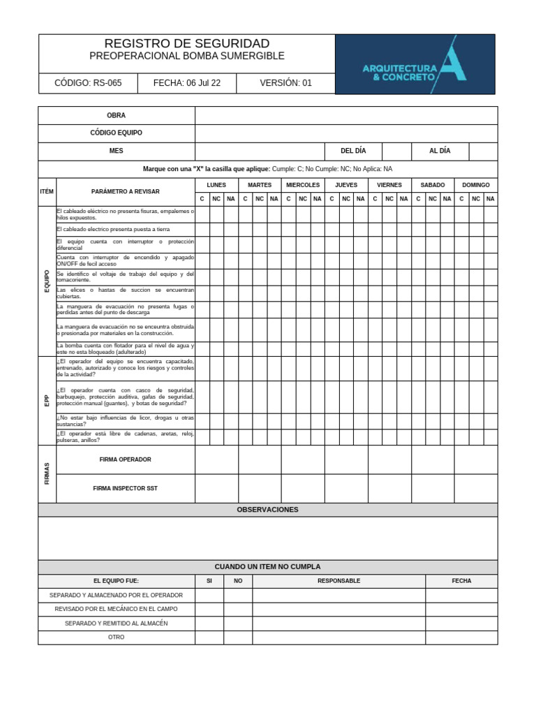 RS-065 Preoperacional - Bomba Sumergible (V1) | PDF