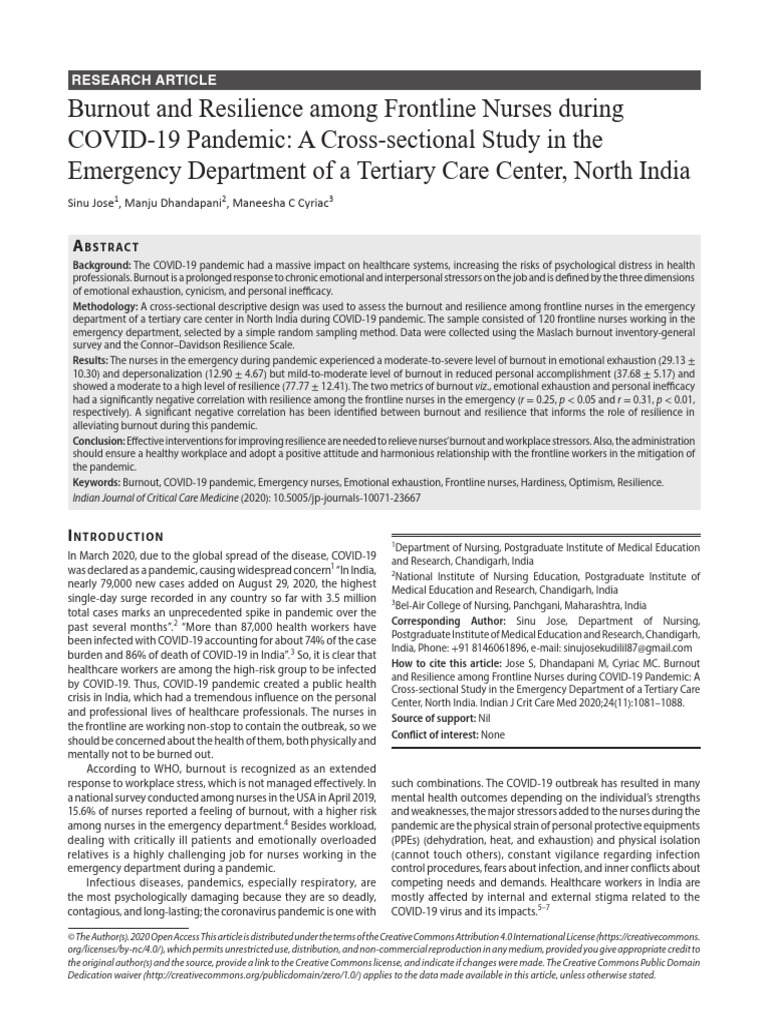 Burnout and Resilience Among Frontline Nurses During COVID-19 Pandemic ...