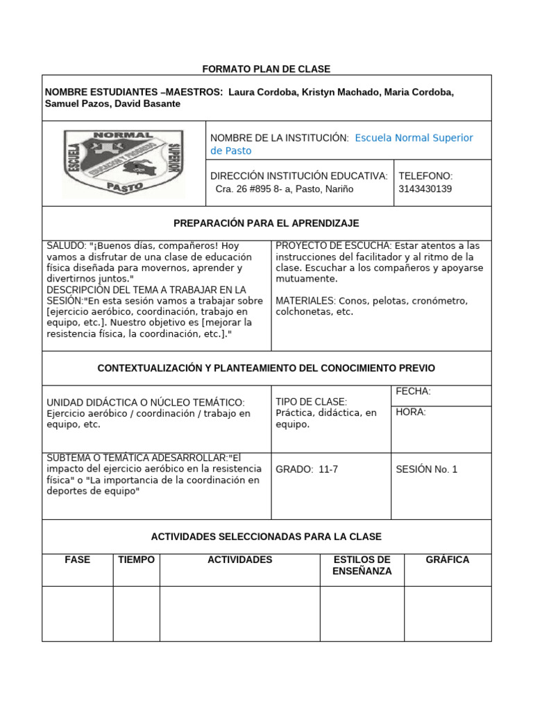 Formato Plan de Clase en Blanco | PDF