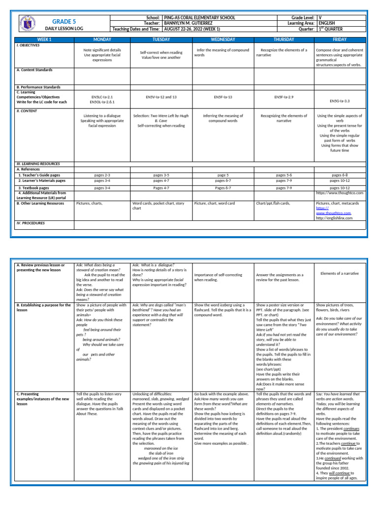 DLL G5 Q1 Week 1 All Subjects | PDF
