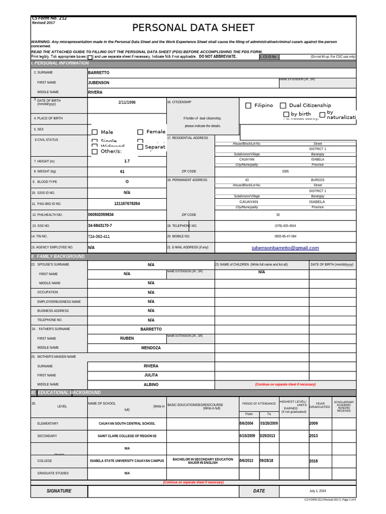 CS Form No. 212 Personal Data Sheet Revised | PDF