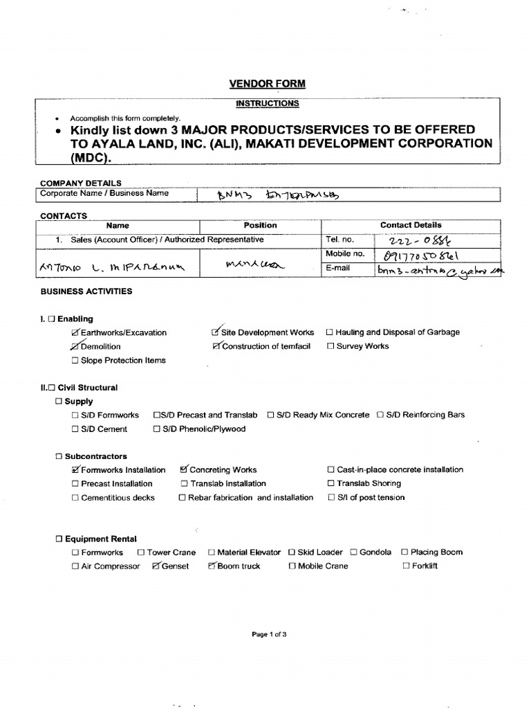 Ali Vendor Form (Based on Subclass) | PDF