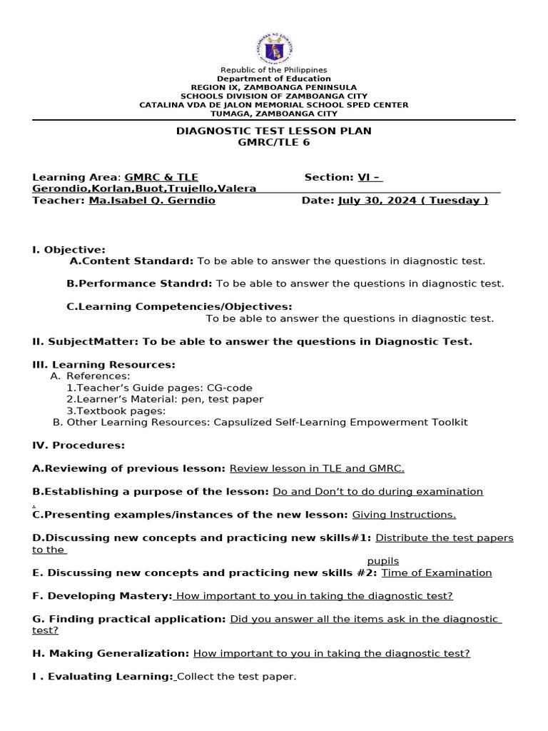 Diagnostic Test Lesson Plan for SPED | PDF