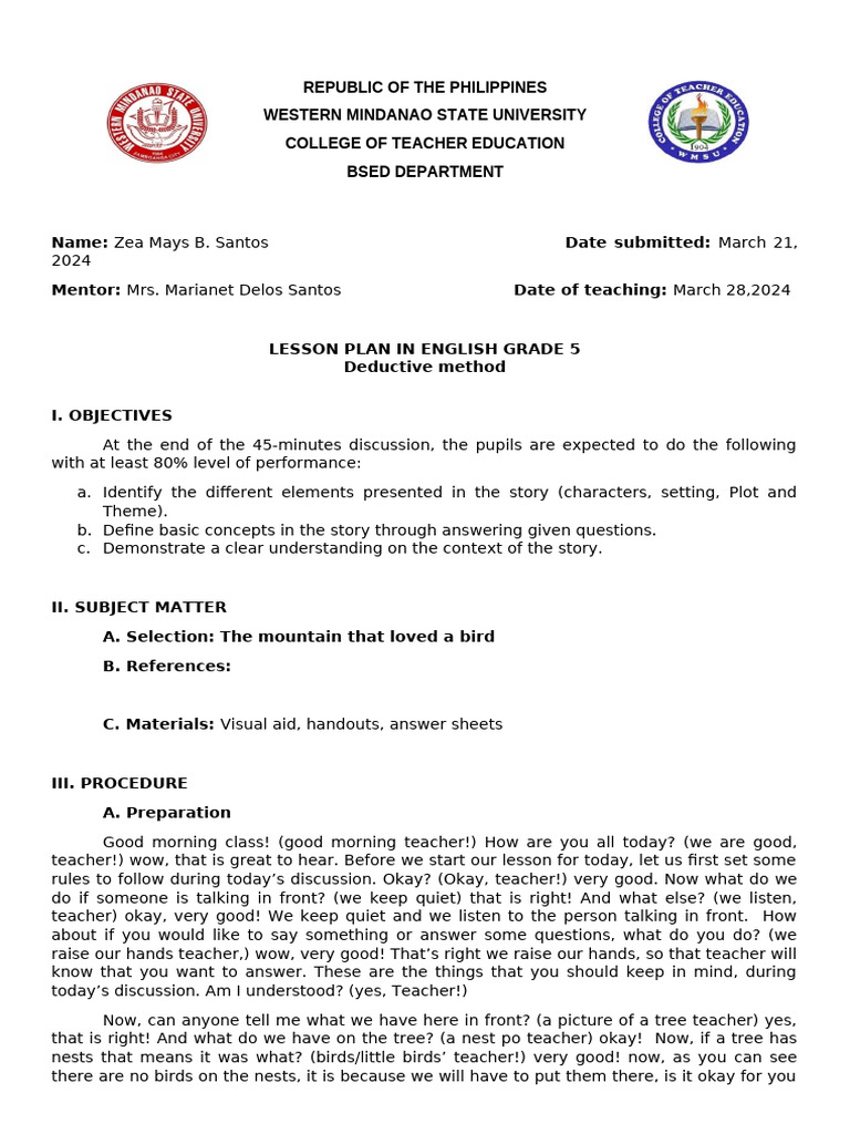 LESSON PLAN IN ENGLISH GRADE 5 | PDF