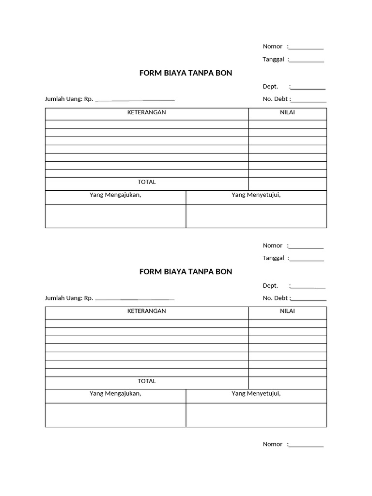 Form Biaya Tanpa Bon | PDF