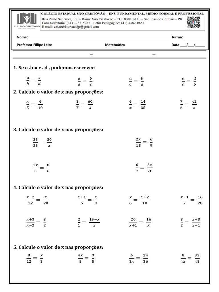 2º Atividade - Razão e Proporção - 7º Ano - A - B - C - Matemática ...
