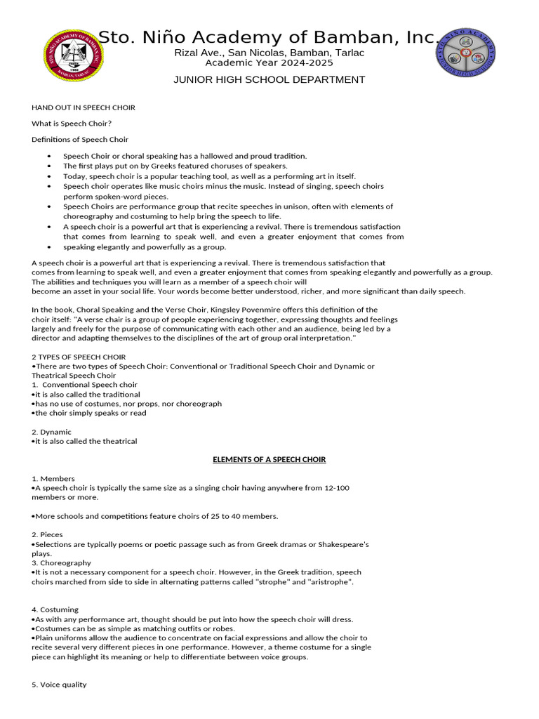 Hand Out in Speech Choir | PDF