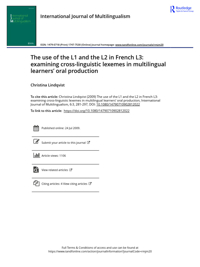 The Use of The L1 and The L2 in French L3 Examining Cross-Linguistic ...