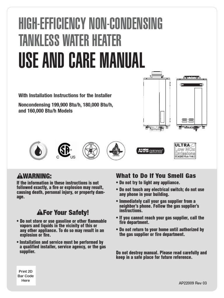 Use and Care Manual: High-Efficiency Non-Condensing Tankless Water Heater | PDF | Water Heating ...