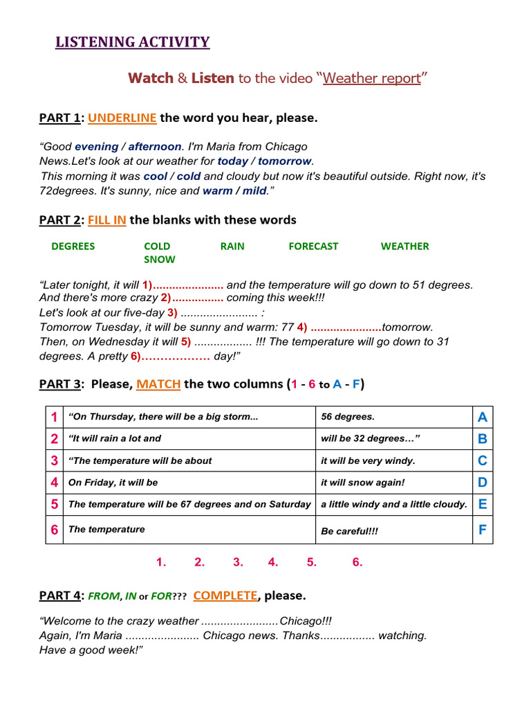 WEATHER REPORT - Listening Activity | PDF
