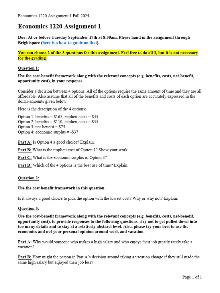 Economics 1220 - Assignment 1 (Fall 2024) | PDF